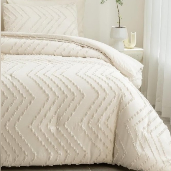 Chevron Tufted Boho Cream Ivory Twin Size Bed Zigzag Comforter Set Natural White - Picture 3 of 12